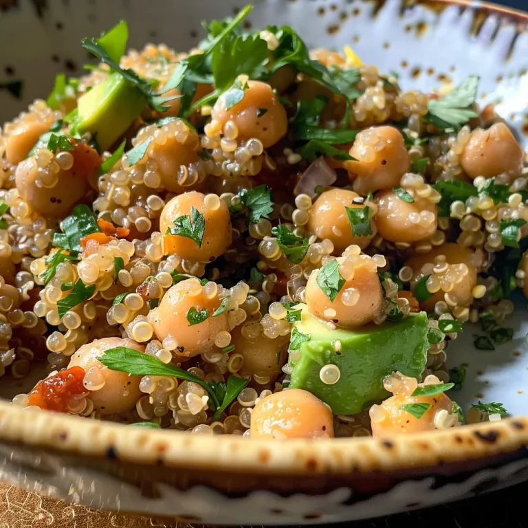 Tazón de quinoa y garbanzos con aguacate fresco y aderezo de tahini.