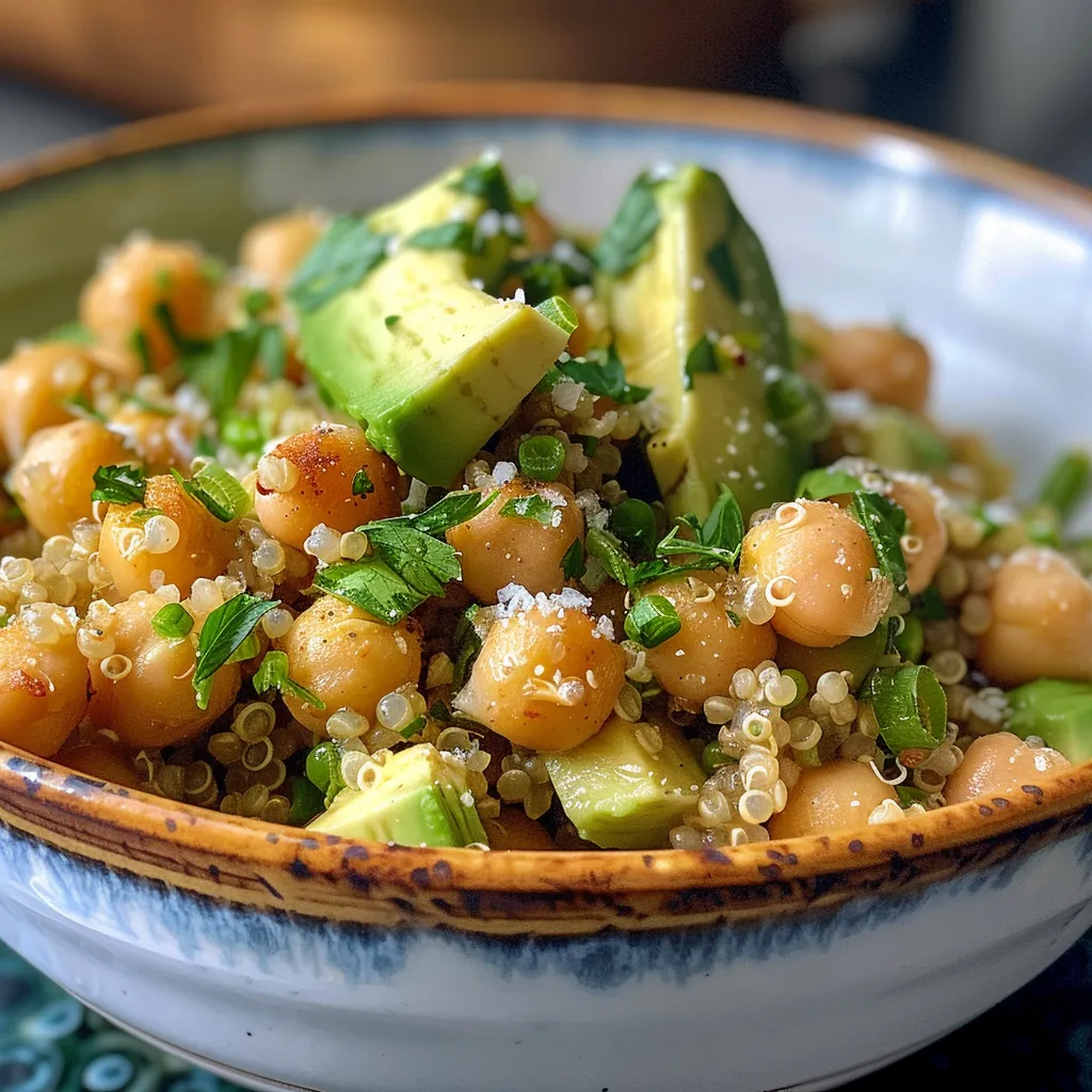 Primer plano de un bol colorido con quinoa, garbanzos y limón.
