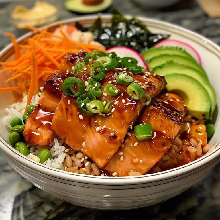 Primer plano de un bol de salmón con arroz y verduras frescas.