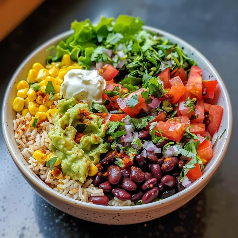 Tazón de burrito vegetal con arroz, frijoles, maíz y guacamole.