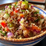 Tazón de quinoa con vegetales coloridos y huevos cocidos.