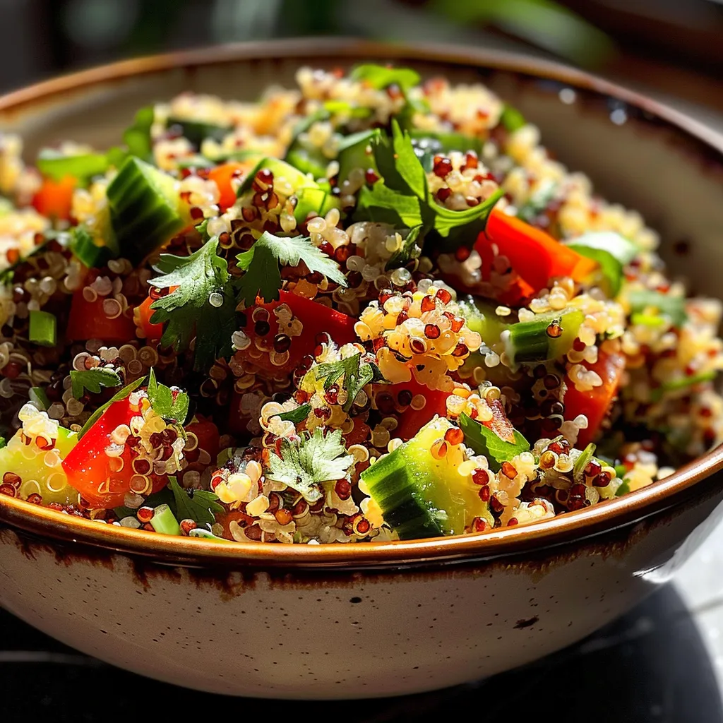 Primer plano de un bowl de quinoa con zanahorias, pimientos y huevos.