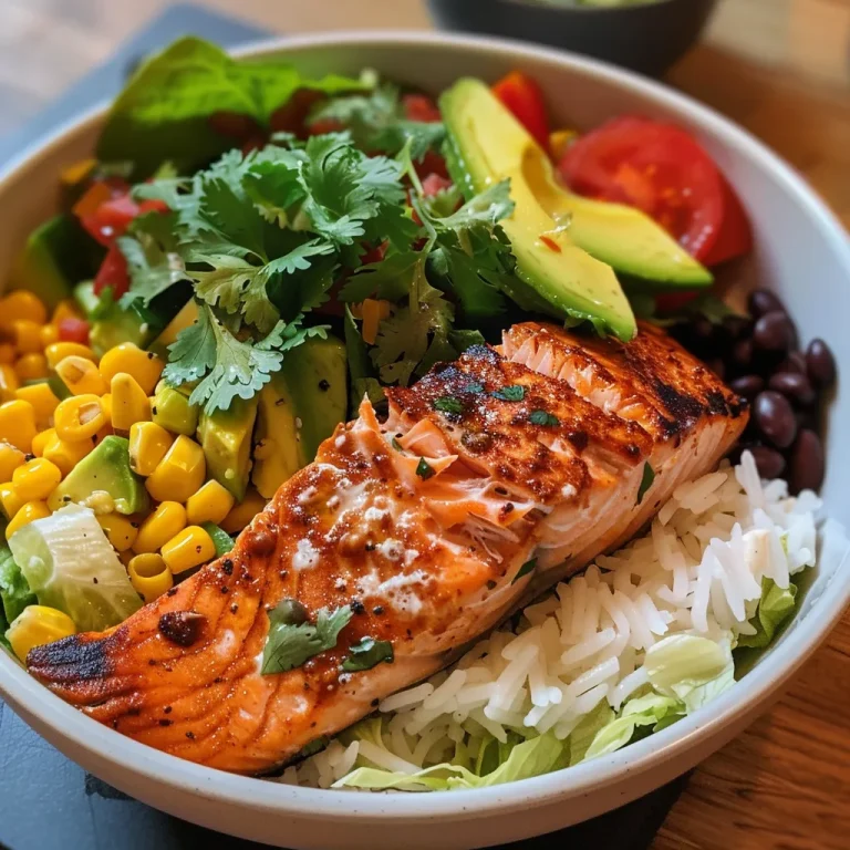 Un tazón de burrito de salmón lleno de ingredientes frescos y coloridos.