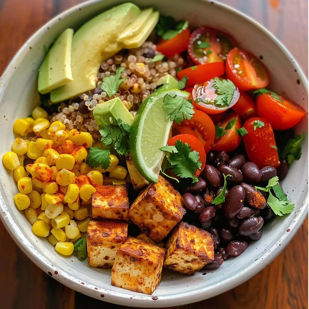 Primer plano de un burrito bowl vegano, mostrando ingredientes coloridos.