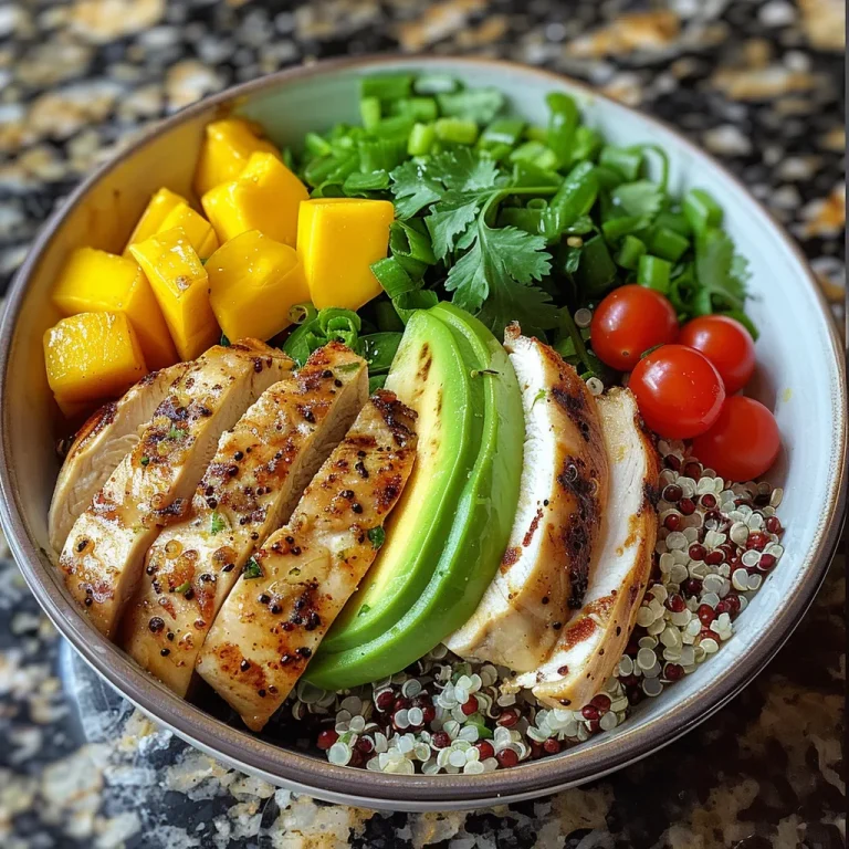 Vista lateral de un bowl lleno de pollo, quinoa, arroz y mango.
