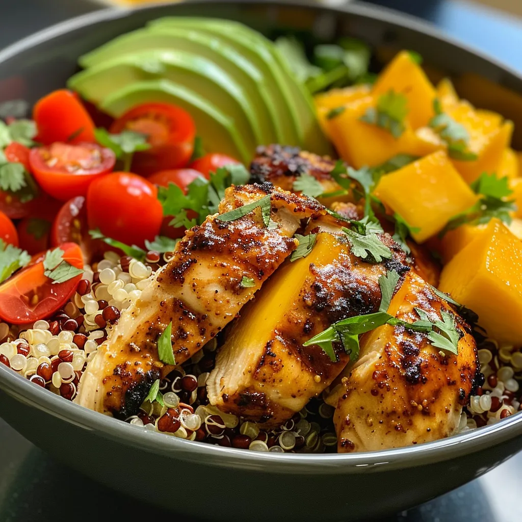 Tazón vibrante con pechugas de pollo, tomate cherry y cilantro fresco.