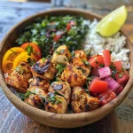 Primer plano de Bowl Mediterráneo con ingredientes frescos y coloridos.