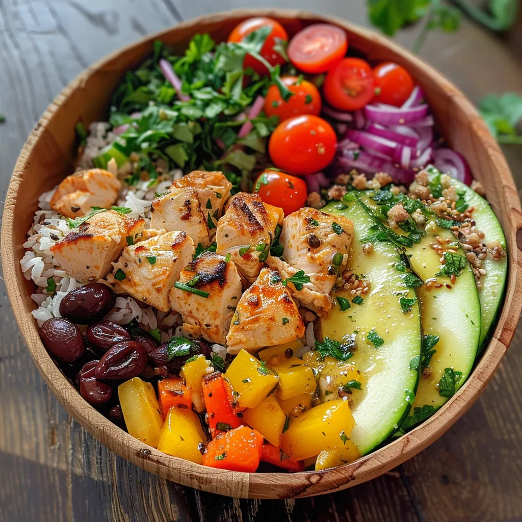 Vista lateral de un bowl con pollo al limón, arroz y ensalada de pepino.