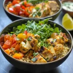 Close up de un bowl con pollo, espinacas y feta.