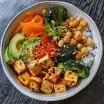 Buddha Bowl mit Tofu, Gemüse und Reis, in lebendigen Farben.