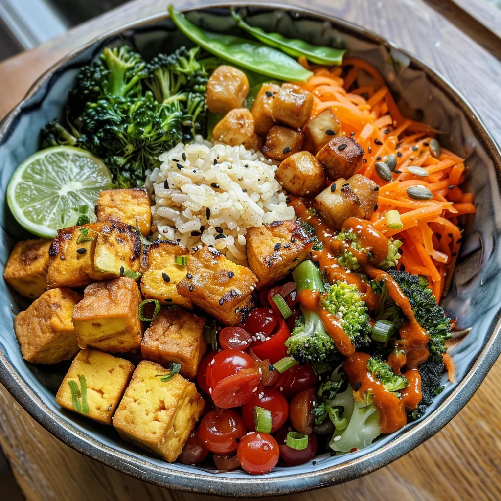 Nahaufnahme eines Buddha Bowls mit geröstetem Gemüse und Tofu.