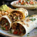 Burritos de carne jugosos con ingredientes frescos en una mesa.
