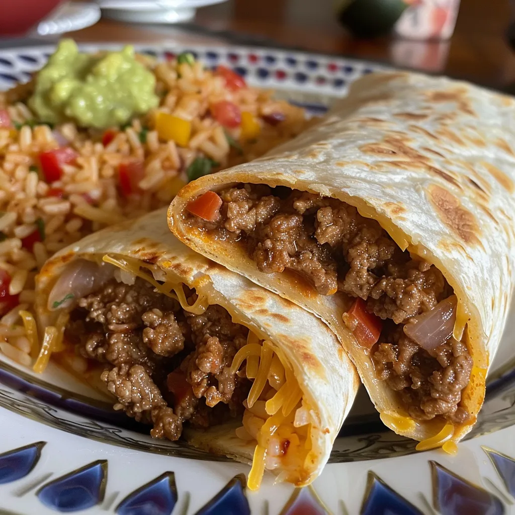 Vista lateral de un burrito de carne envuelto en tortilla.