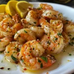 Camarones al Ajo con Mantequilla en un plato, con trozos de limón al lado.
