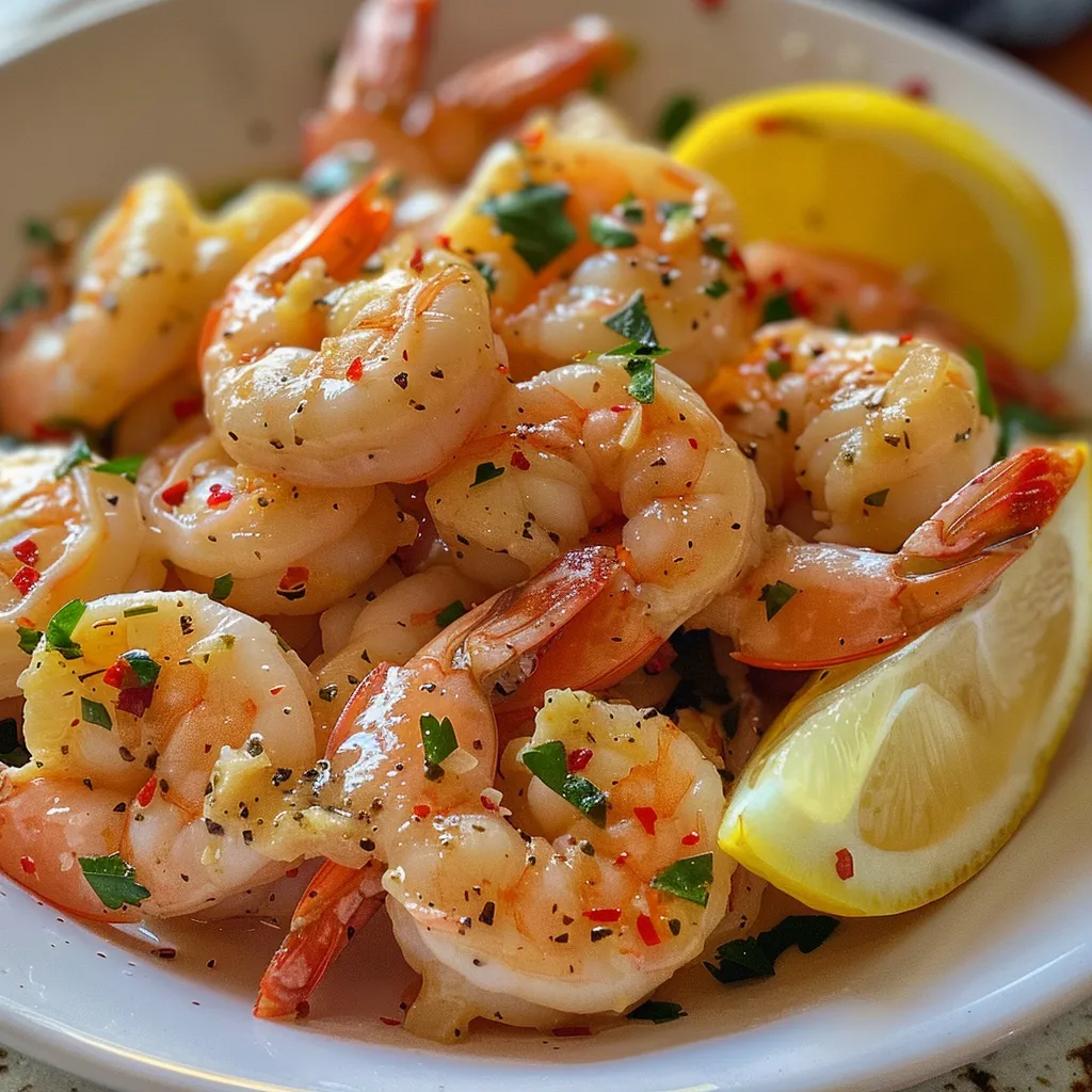 Primer plano de camarones jugosos bañados en mantequilla y ajo, decorados con perejil.