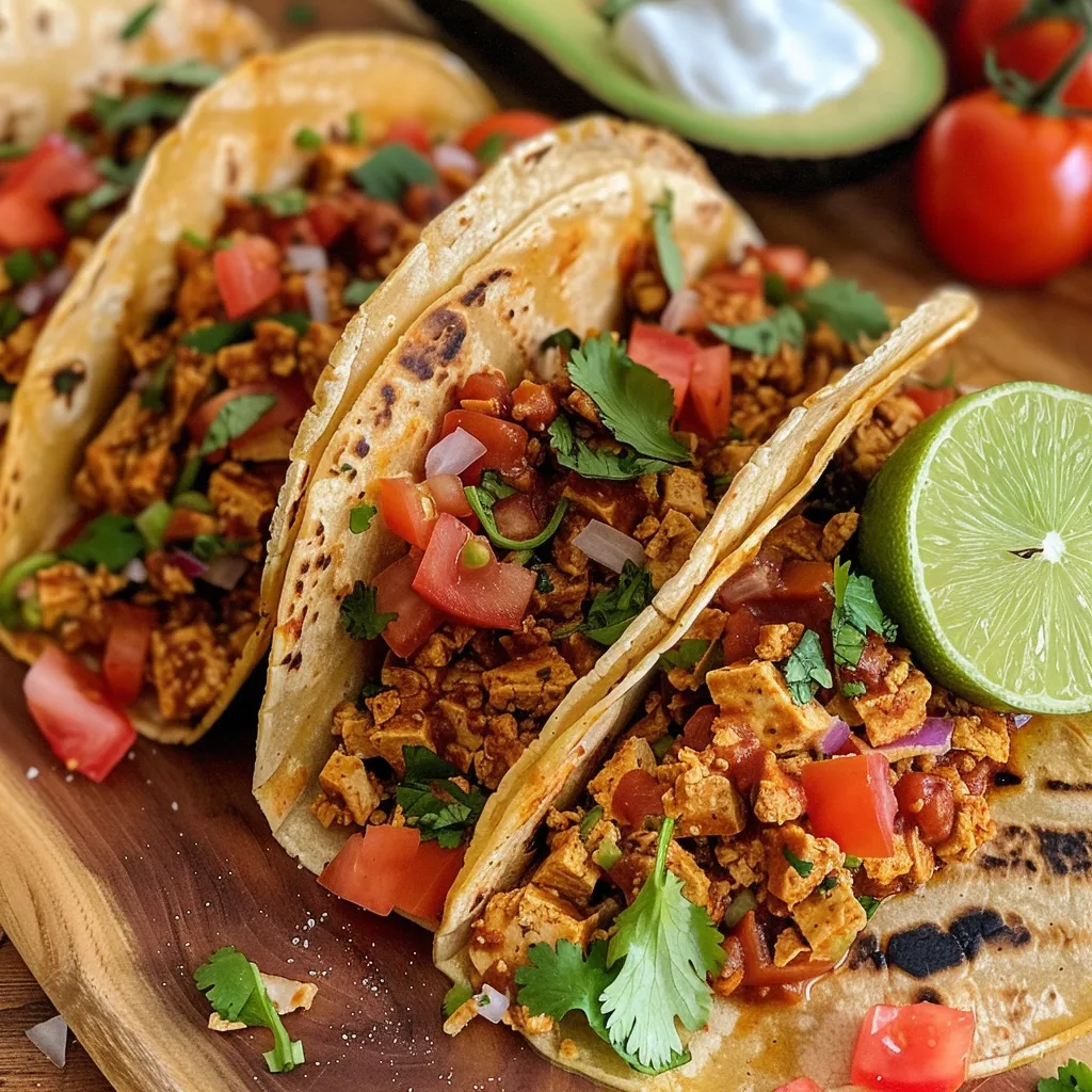 Tofu desmenuzado en un taco servido con salsa y guacamole.