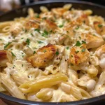 Cazuela de pollo Alfredo con penne, queso derretido y trozos de pollo.
