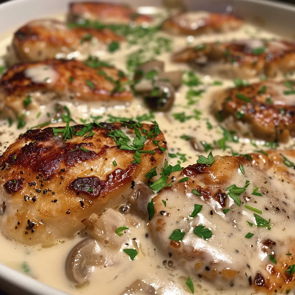 Vista lateral de un plato de pollo cremoso decorado con perejil.