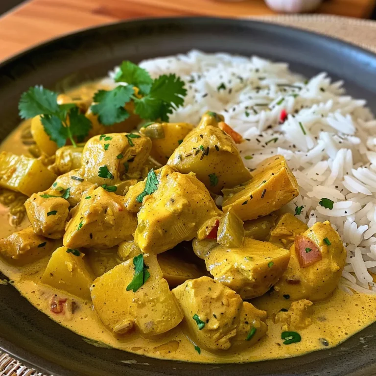 Imagen detallada de Curry Pollo Coco, resaltando la cremosidad de la leche de coco y especias.