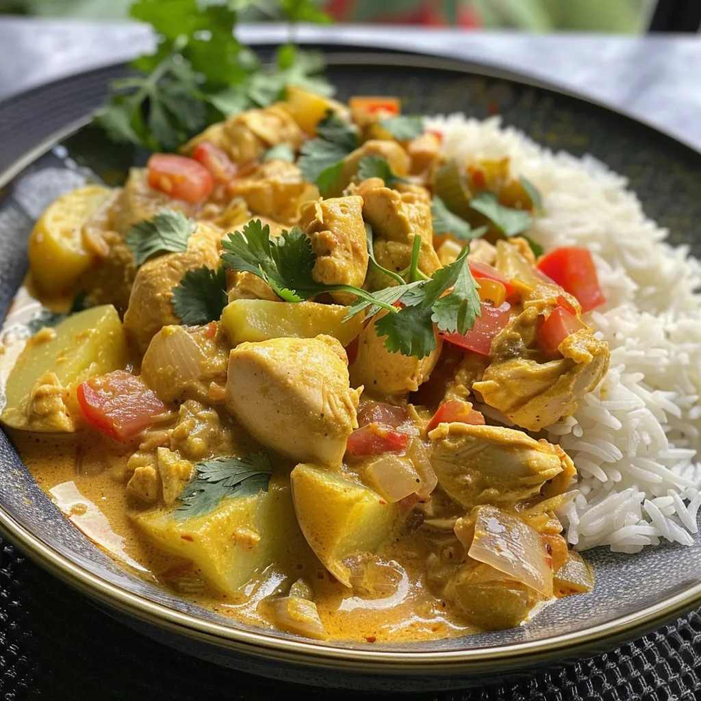 Close-up de un plato de Curry Pollo Coco, con colores vibrantes y texturas apetitosas.