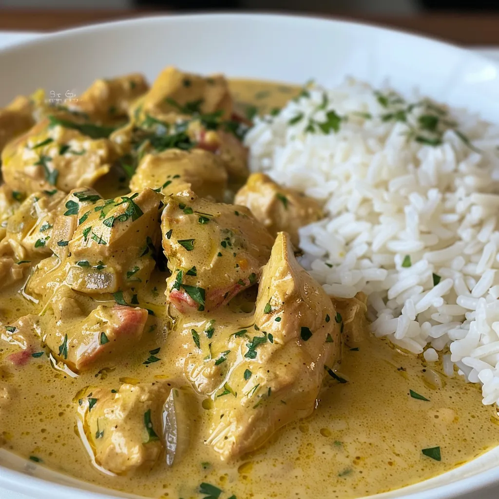 Foto detallada de un plato de Curry Pollo Cremoso, resalta el pollo y la salsa de curry.