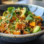Tazón de cuscús vegetal con butternut y aguacate en primer plano.