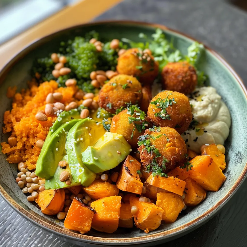 Primer plano de un tazón de cuscús con butternut y aguacate.