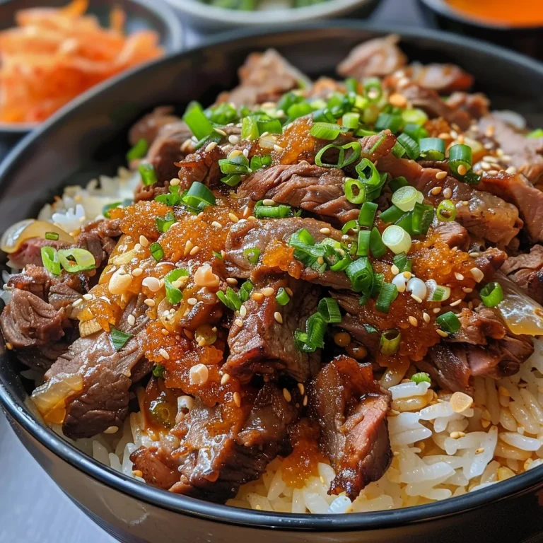 Donburi de carne con arroz blanco y huevo frito, presentado en un cuenco.