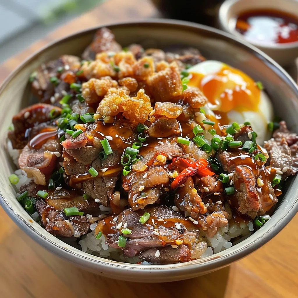 Primer plano de un delicioso donburi de carne con cebollas y aderezos.