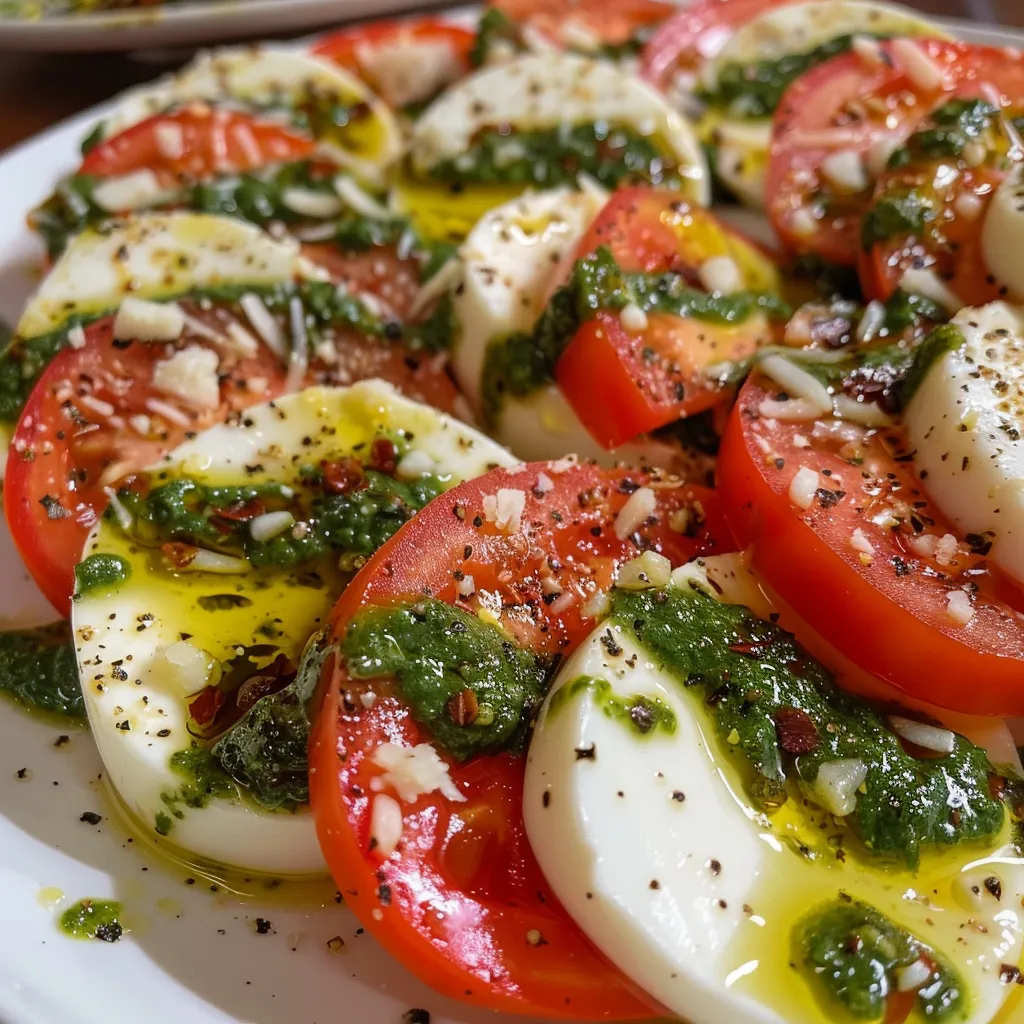 Seitenansicht eines appetitlich angerichteten Caprese-Salats mit frischem Mozzarella und Basilikum.