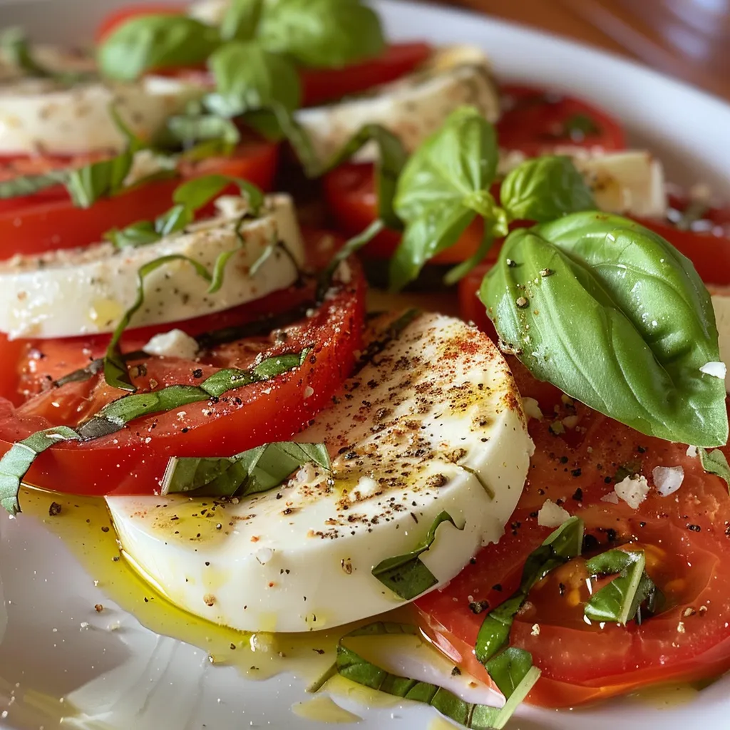 Primer plano de una ensalada Caprese con ingredientes frescos.