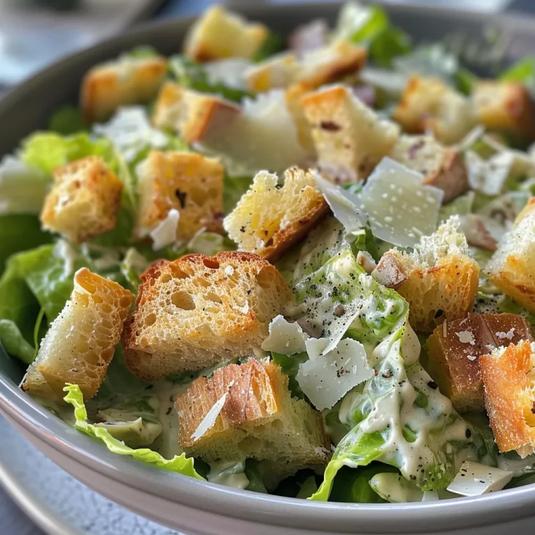 Ensalada César cercana, mostrando lechuga crujiente, aderezo cremoso y trozos de pan tostado.