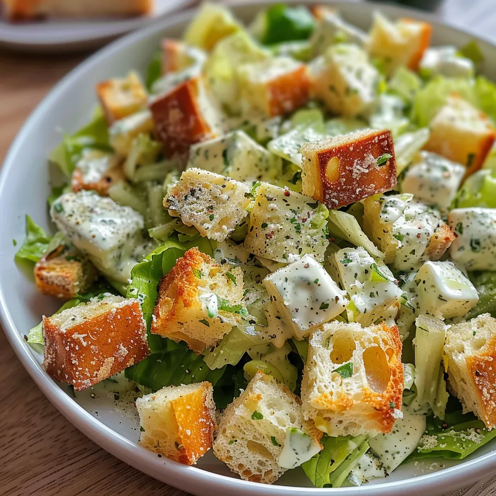 Vista lateral de una ensalada César fresca con ingredientes como lechuga, queso y aderezo.