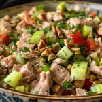 Ensalada de atún clásica con ingredientes frescos, vista lateral.