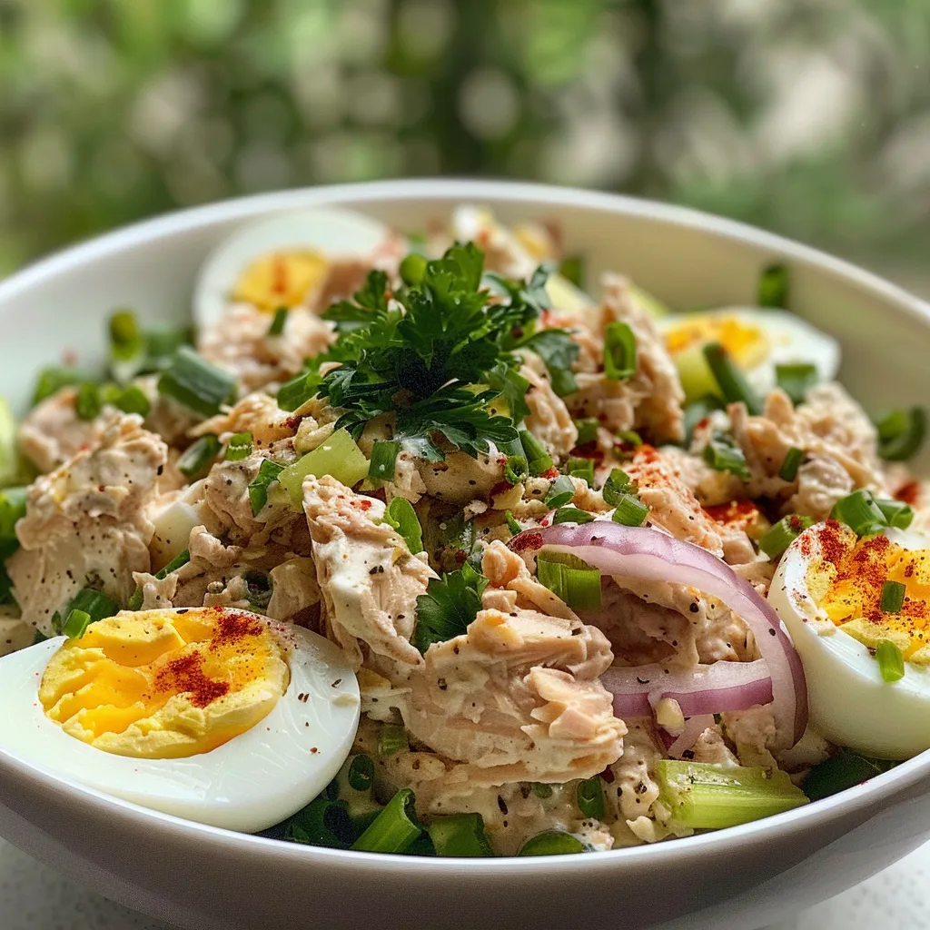 Close-up de una ensalada de atún y huevo en un tazón.