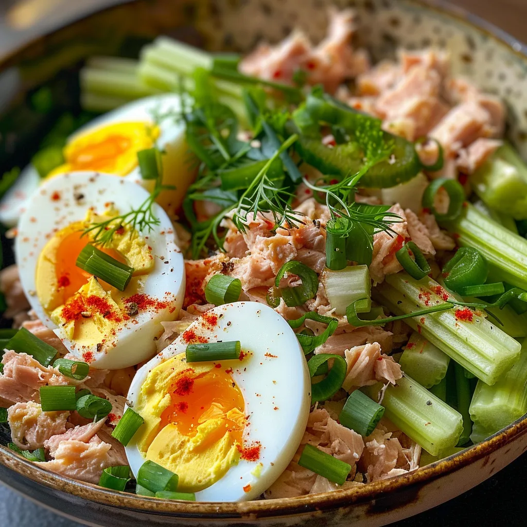 Primer plano de una ensalada de atún con huevos, decorada con hierbas frescas.