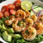 Ensalada de camarones y aguacate con ingredientes frescos y coloridos.