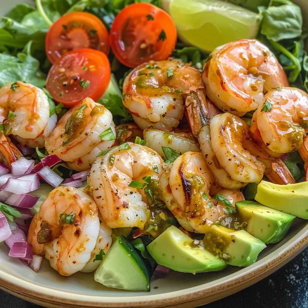 Primer plano de una ensalada de camarones con aguacate y verduras frescas.