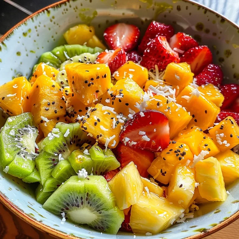 Ensalada de frutas tropicales con trozos de piña, mango, kiwi, fresas y plátano en un tazón.