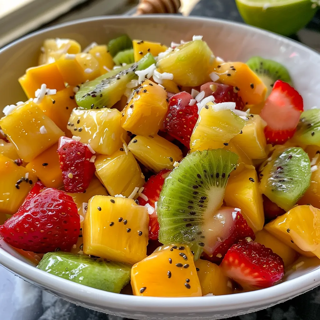 Colorida mezcla de frutas tropicales en un plato, con aderezo de miel y lima.