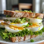 Ensalada de huevo en un tazón blanco con ingredientes frescos al fondo.