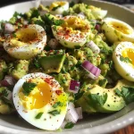 Nahaufnahme eines Avocado-Eiersalats auf einer Tortilla.