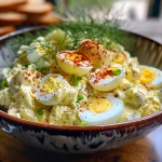 Primer plano de un sándwich de ensalada de huevo en un plato.