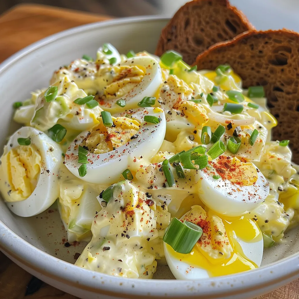 Sándwich de ensalada de huevo cutado, mostrando su interior cremoso.
