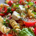 Ensalada de pasta Caprese con rotini, tomates cherry y mozzarella ciliegine.