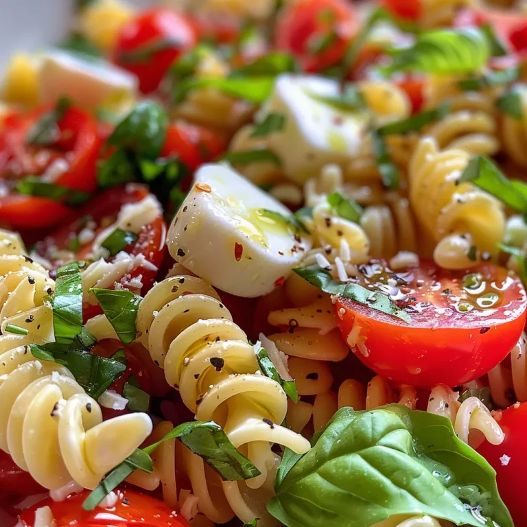 Ensalada de pasta Caprese con rotini, tomates cherry y mozzarella ciliegine.