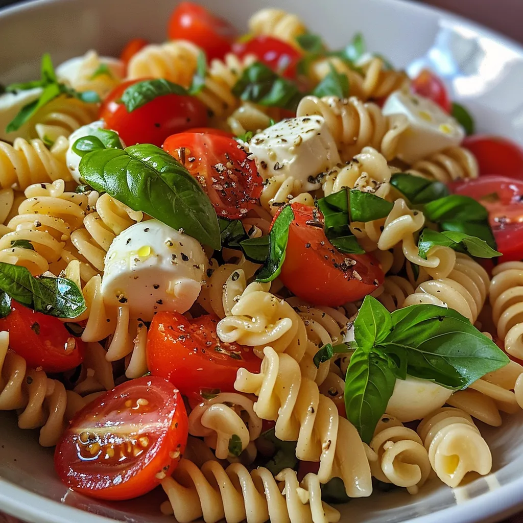 Close up de una ensalada fresca de pasta con albahaca y aceite de oliva.