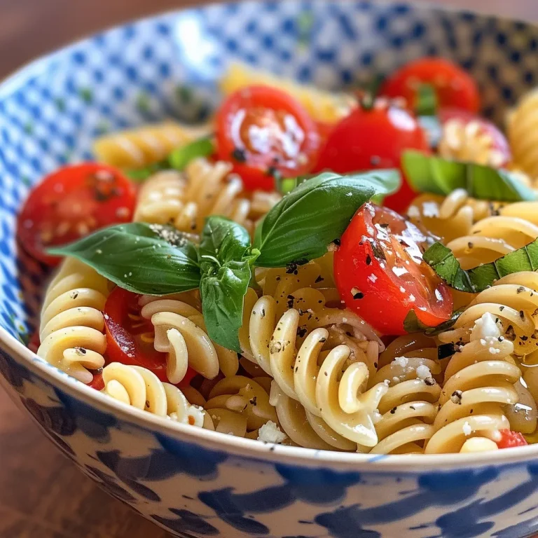 Nahaufnahme eines frischen Zitronen-Basilikum-Pasta-Salats mit bunten Kirschtomaten.