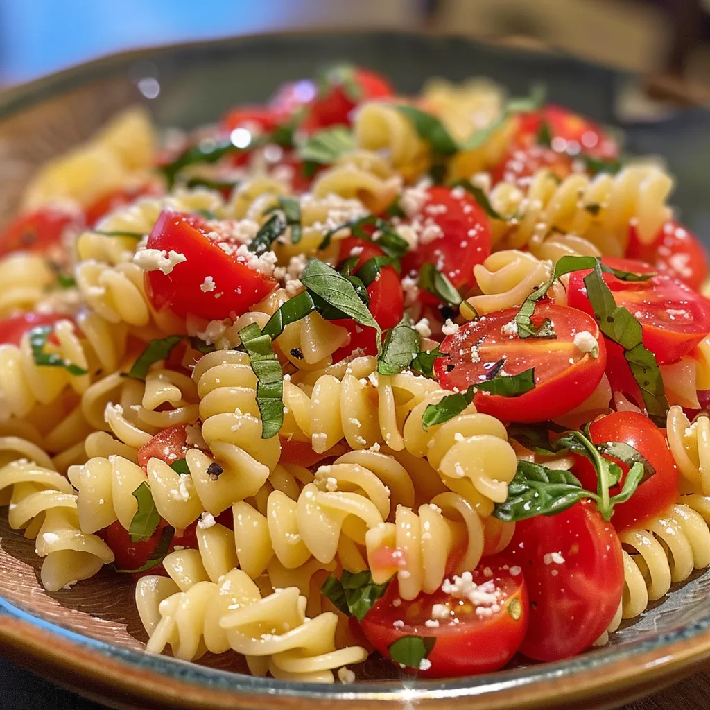 Seitenansicht eines farbenfrohen Pasta-Salats mit Basilikum und Zitrone, serviert in einer Schüssel.