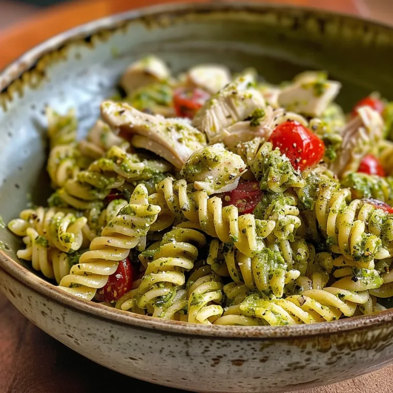 Ensalada de pasta con pollo y pesto, vista lateral con ingredientes frescos.